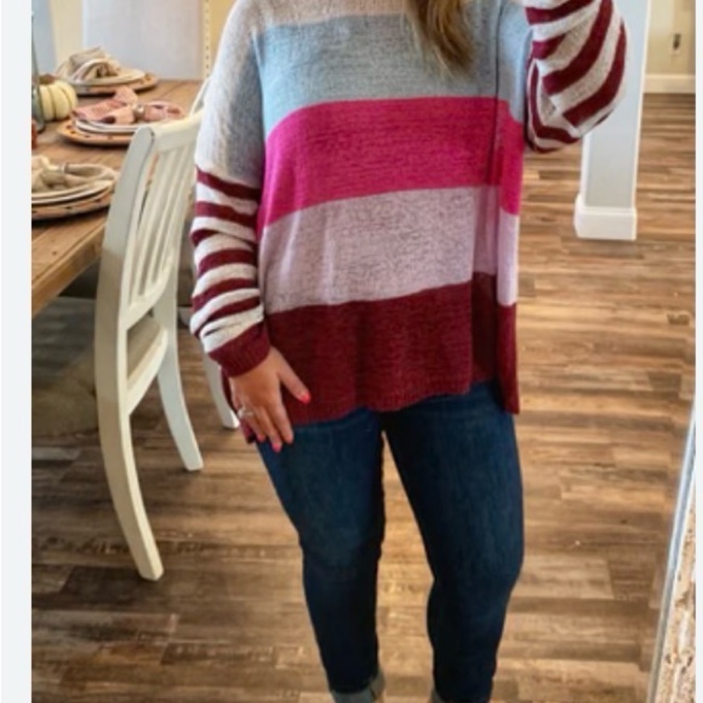 DAVI & DANI Oversized Striped Sweater in Pink, Burgundy and White Medium